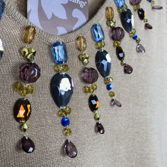 NWT SOFT SURROUNDINGS Beaded Sweater Plus Sz 2X Camel Tan L/S Knit Burnout Rayon - Picture 6 of 11